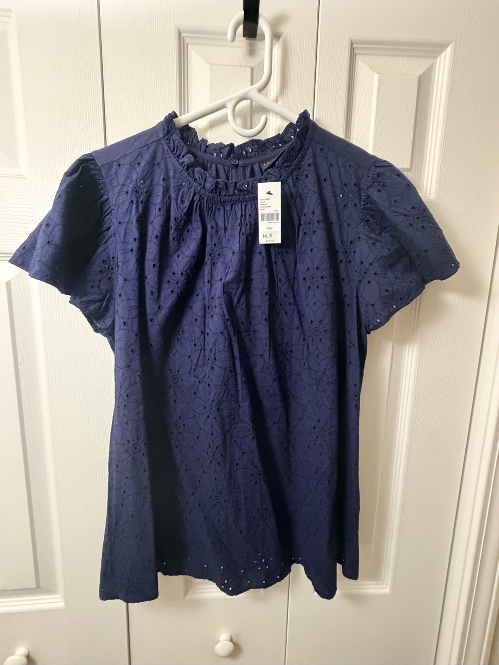 Lane Bryant Navy Eyelet Ruffle-Neck Short Sleeve Blouse